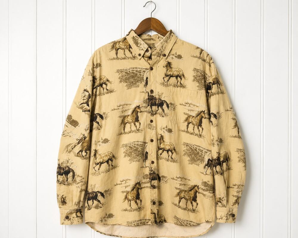 Bluff Creek Outfitters Mens XL Horse Print Shirt Tan Cotton Button Down Western